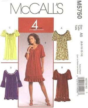 McCalls M5750 Comfy Mid Knee Pullover Ruffle Dress (Size: 6-14) Sewing Pattern