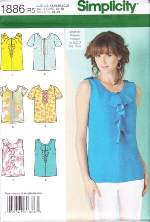Simplicity 1886 Misses Tops Sewing Pattern, Size R5 (14-16-18-20-22)
