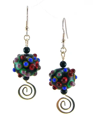 Carousel Lampworked Glass Bead Earrings with Onyx Gemstones