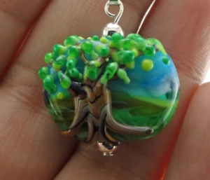 Landscape with Tree Lampworked Glass Bead Pendant Necklace