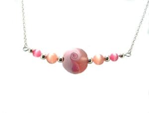 Pink Storm Lampworked Glass Bead Necklace with Cats Eye