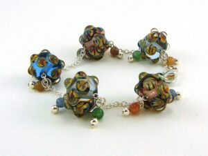 Raku Zebra Bubbles Lampworked Glass Bead Bracelet with Jasper and Blue Aventurine